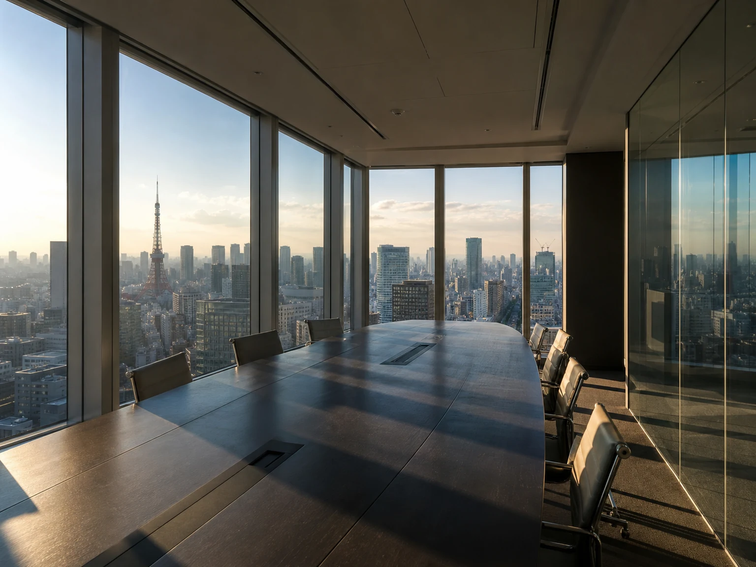 Modern meeting room with cityscape through glass