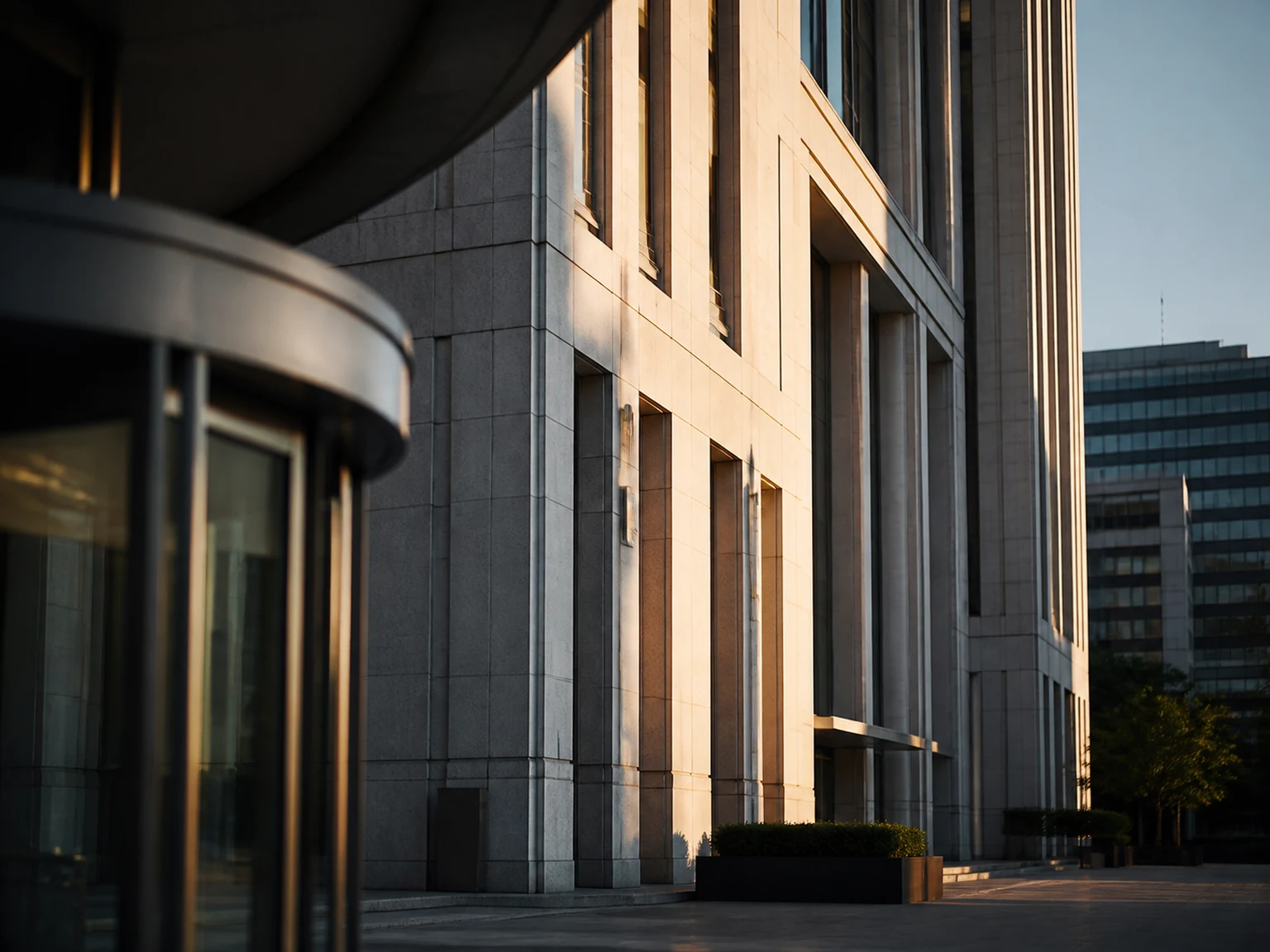Enterprise headquarters facade in morning light