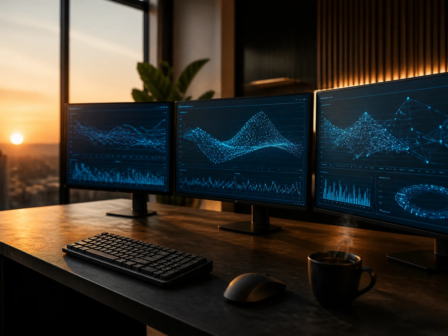 Multi-monitor development workstation at golden hour